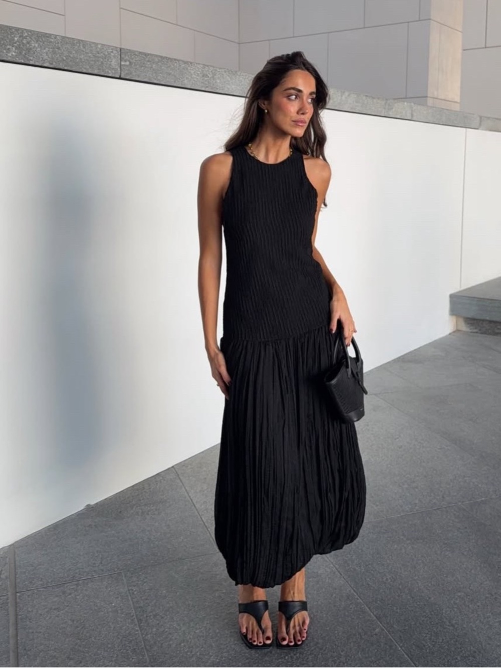 NWT Zara ZW Collection Crinkled Drop Waist Bubble Hem Black Midi Dress Women’s L